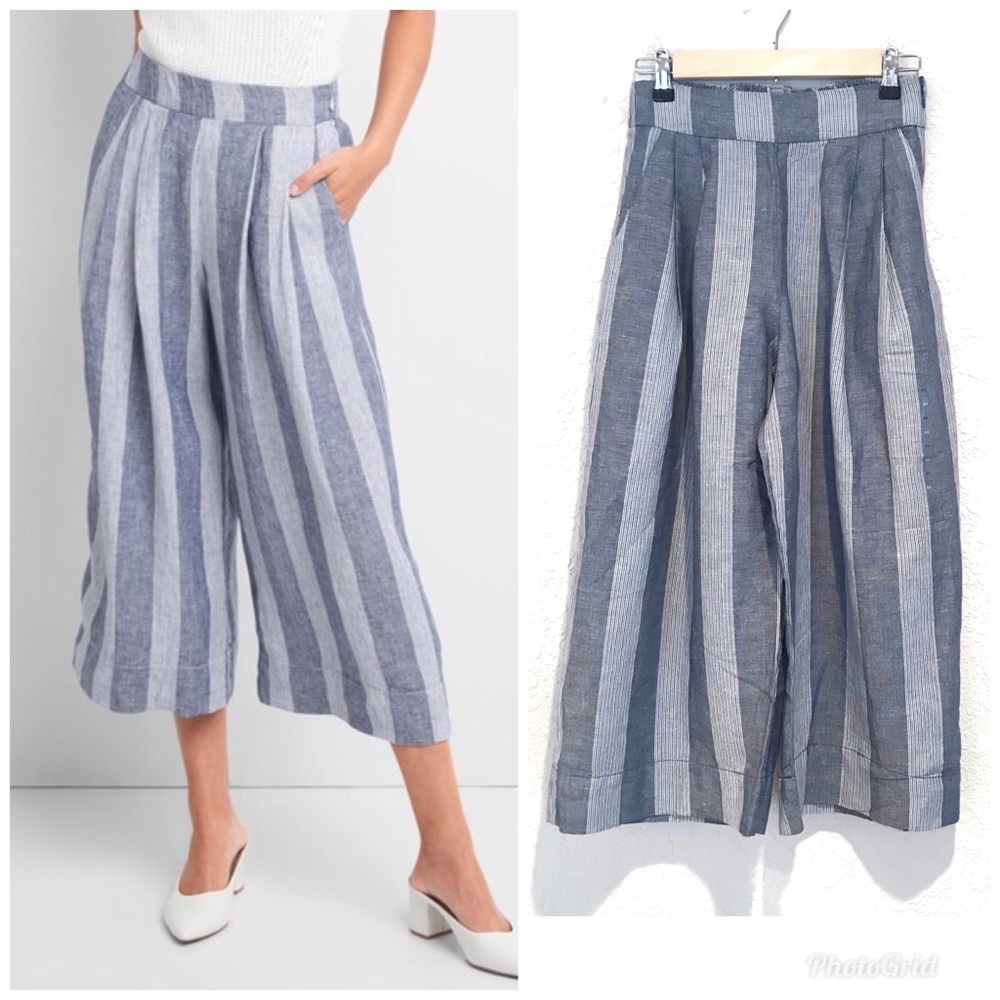 GAP High Rise Wide Leg Crop Pant Linen Blue Stripe - Picture 1 of 8
